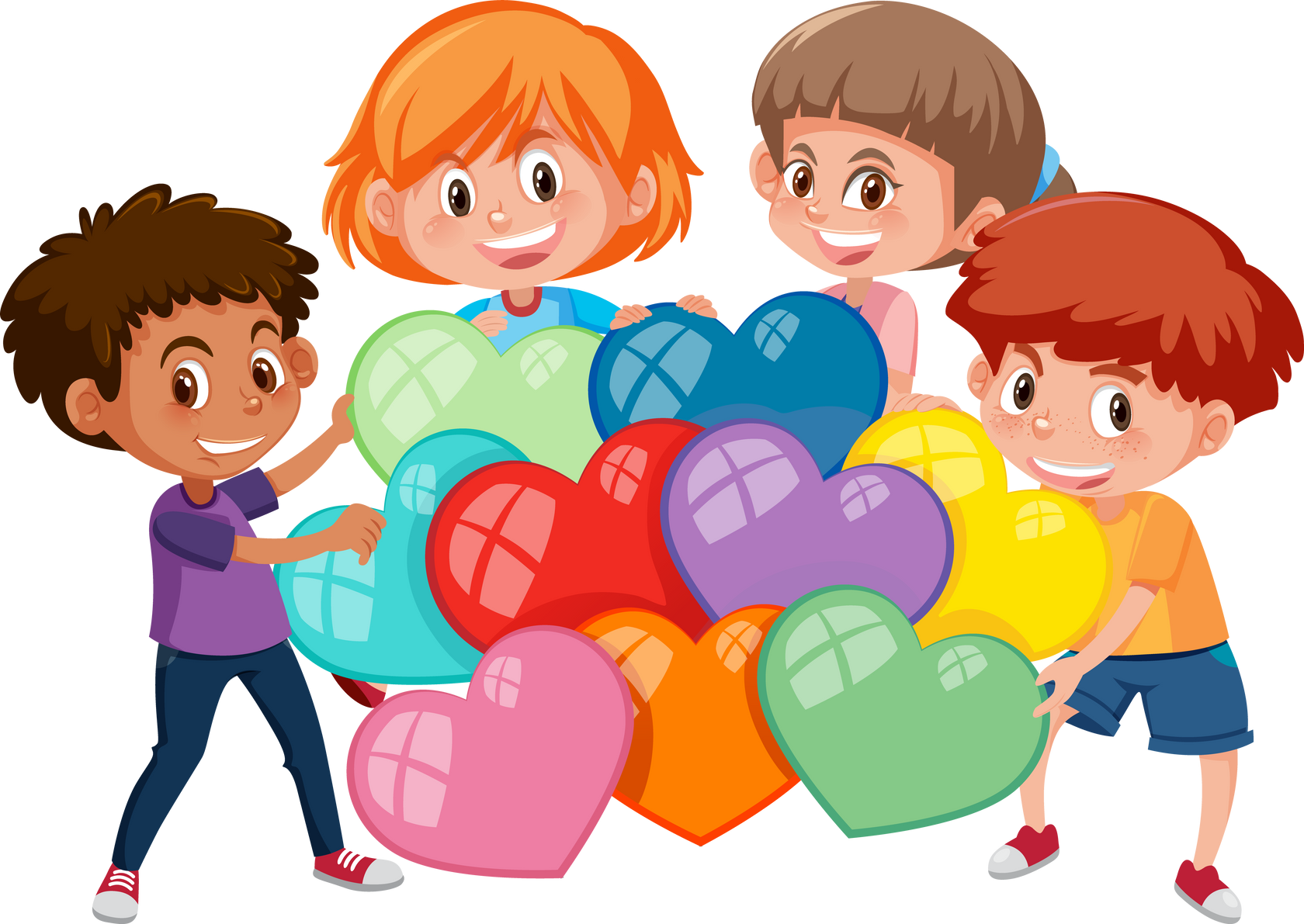 Children with many hearts on white background